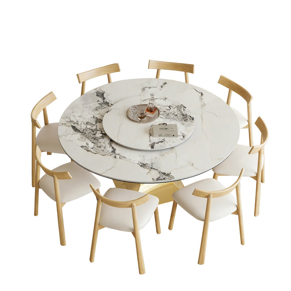 English Elm 59" Round Sintered Stone Table Set Seats Eight with Gold Hourglass Base Lazy Susan W2700S00131