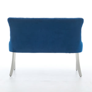 English Elm Velvet Wingback Dining Bench Tufted Two Seat Mid Century Modern Brushed Steel Base Blue W1143P406981