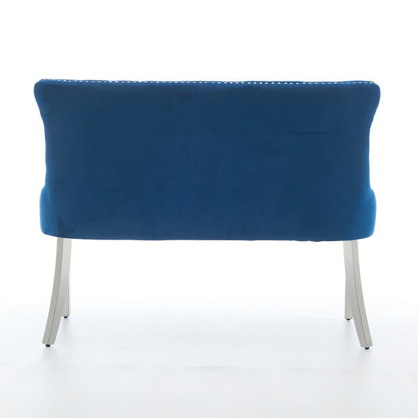 English Elm Velvet Wingback Dining Bench Tufted Two Seat Mid Century Modern Brushed Steel Base Blue W1143P406981