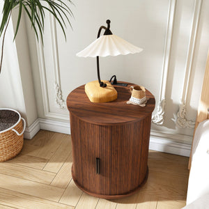 English Elm Mid Century Walnut Round End Table with Charging Station and Sliding Door Storage W2700P385517