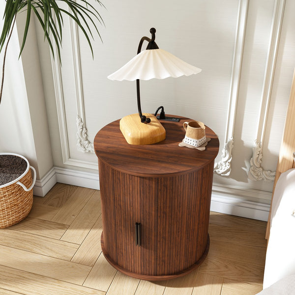 English Elm Mid Century Walnut Round End Table with Charging Station and Sliding Door Storage W2700P385517
