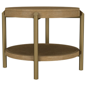 English Elm Benson Round Coffee and End Table Set with Brass Legs Rattan Shelf Accent Sand B062S01402
