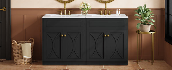 English Elm 60'' Bathroom Vanity Set With Ceramic Sink, Black Freestanding Cabinet, Gold Handles & Soft-Close Doors N710SS00005B