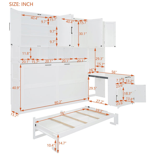 English Elm Twin Murphy Wall Bed with Integrated Closet Drawers and Desk for Studio Spaces White LP000595AAK-2