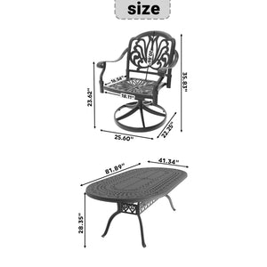 English Elm 9-piece Cast Aluminum Outdoor Dining Set Oval Table Swivel Chairs Carved Floral W1710S00660