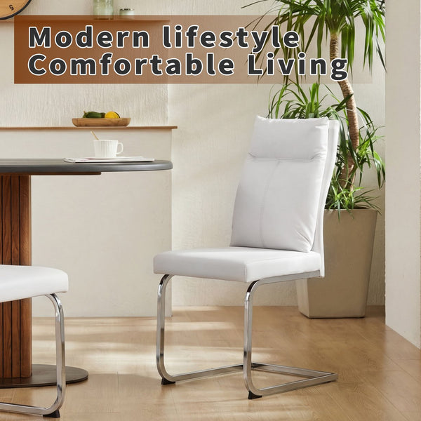 English Elm Dining Chair Set of 2 Faux Leather Chrome Base Ergonomic Contemporary Kitchen Seating White W3851P453160