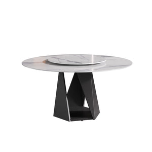 English Elm Metal Pedestal Round Dining Table Sintered Stone Top with Lazy Susan Seats Eight W1535P500494