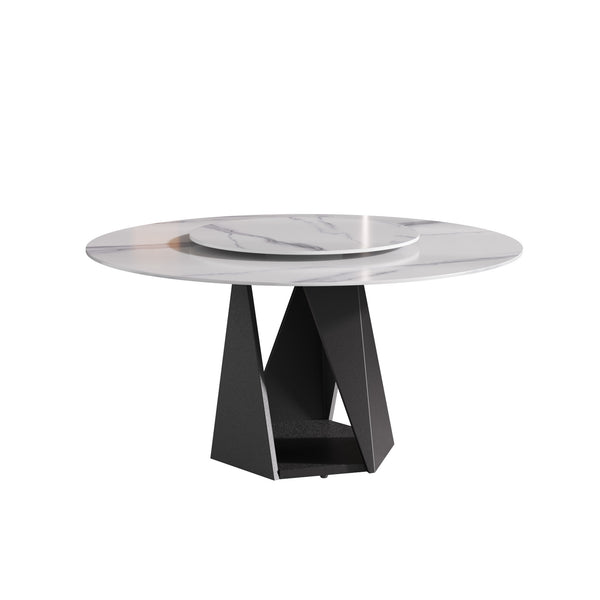 English Elm Metal Pedestal Round Dining Table Sintered Stone Top with Lazy Susan Seats Eight W1535P500494