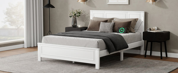 English Elm Queen Pinewood Platform Bed Farmhouse Tall Panel Headboard with Led Lighting and Usb Ports White W504P391091