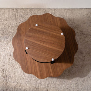 English Elm 31.5" Scalloped Round Coffee Table Walnut Grain Mdf Sculptural Living Room Accent W3158P395511