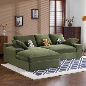 English Elm Green corduroy compressed sofa with 3 back cushions & 2 throw pillows — soft, resilient, space-saving comfort W3612S00016