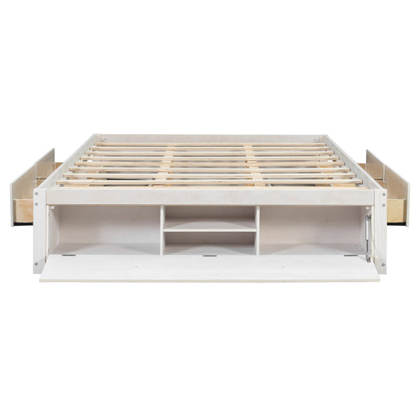 English Elm Queen Platform Storage Bed with Hydraulic Lift Footboard and Four Drawers Antique Finish White LP000139AAK
