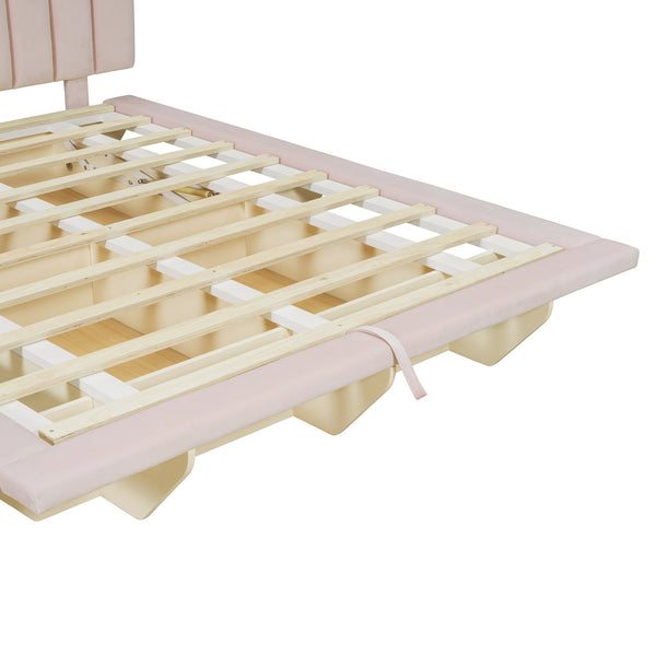 English Elm Queen Upholstered Floating Bed with LED Lighting, Hydraulic Lift, 4 Storage Drawers, Velvet Luxury Pink SF000132AAH