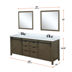 English Elm Rustic Brown Double Bath Vanity 80" W x 22" D with White Quartz, Matte Black Faucets & 30" Mirrors B2731S01078