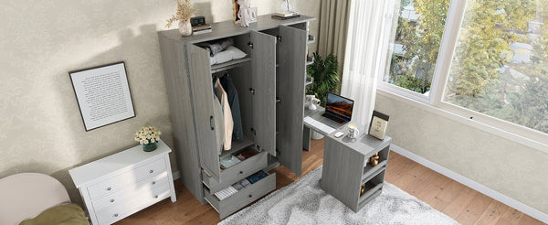 English Elm Multifunctional Wardrobe Cabinet with Fold Out Desk Hanging Rod and Storage Drawers Gray W1580S00476
