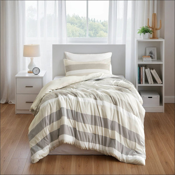 JLA Home Regency Heights - Stripe Seersucker Comforter Set — Reversible Striped & Botanical Prints, Oeko‑Tex, Lightweight Cozy Style Neutral RH10-0016