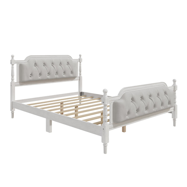 English Elm Traditional Solid Wood Bed Frame with Tufted Upholstered Headboard, No Box Spring Needed, Sturdy 400 lb Capacity Antique White 57.5 L x 22.5 W x 10.5 H N701P242546K