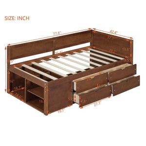 English Elm Twin Daybed with Two Pull Out Drawers and Open Shelves for Small Bedroom Storage Walnut LP102022AAD