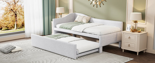 English Elm Twin L-shaped Linen Upholstered Daybed with Hydraulic Pop-up Trundle for Guest Rooms Beige SF000193AAA-1