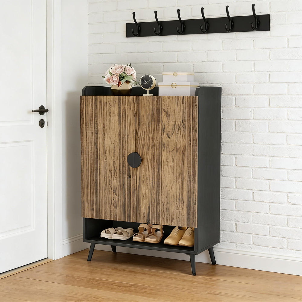 English Elm Rustic Seven Tier Shoe Cabinet with Swing Doors Adjustable Entryway Organizer Black,Rustic Brown T3971P448681