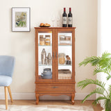 English Elm Lighted Glass Cabinet Glass Wine Cabinet Curio Display Cabinet With Adjustable Glass Shelves 2 Doors and 1 Drawer Cabinet Bulb Included Oak