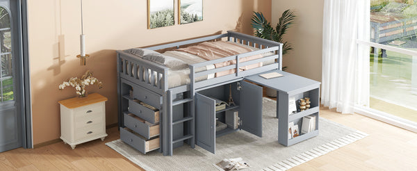 English Elm Twin Loft Bed Rubberwood Frame Pull Out Desk Storage Cabinet and Shelf Kids Room Grey W504S00287