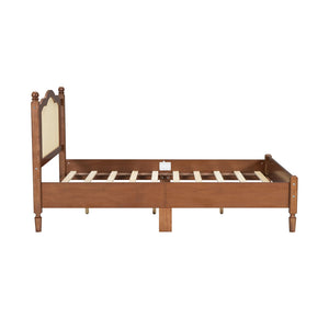 English Elm Full Size Walnut Platform Bed with Arched Rattan Headboard for Coastal Bohemian Rooms N733P180014D