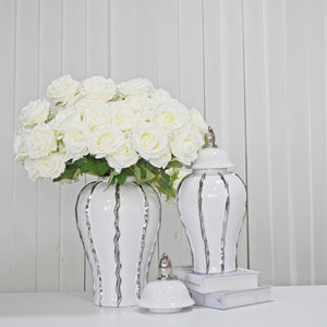 English Elm White Ginger Jar With Luxe Silver Accent - Elegant Ceramic Décor For Modern Home Styling & Centerpieces B030P243612-GIGA