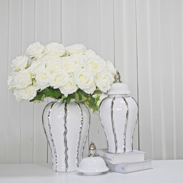 English Elm White Ginger Jar With Luxe Silver Accent - Elegant Ceramic Décor For Modern Home Styling & Centerpieces B030P243612-GIGA