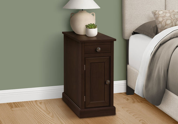 English Elm Accent Narrow Side Table with Drawer and Cabinet, Traditional Brown Veneer Nightstand for Living Room and Bedroom — Compact Lamp Table with Metal Knob Storage Espresso 27 L x 24 W x 7 H B2710P219473