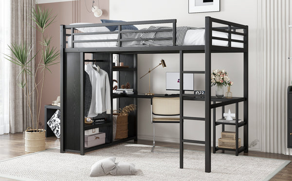 English Elm Full Size Loft Bed Frame With Wardrobe, Desk & Storage Shelves - Modern Black Metal Design W1580S00120