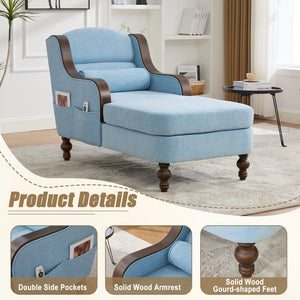 English Elm UNITED Oversized Chaise Lounge Sofa Bed with Solid Wood Arms, High-Resilience Foam, 800lb Capacity and Storage Pockets Light Blue W1568S00209