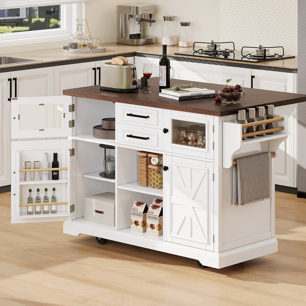 English Elm K&k Farmhouse Rolling Kitchen Island with Barn Doors Power Outlet and Drop Leaf White N707S300277W