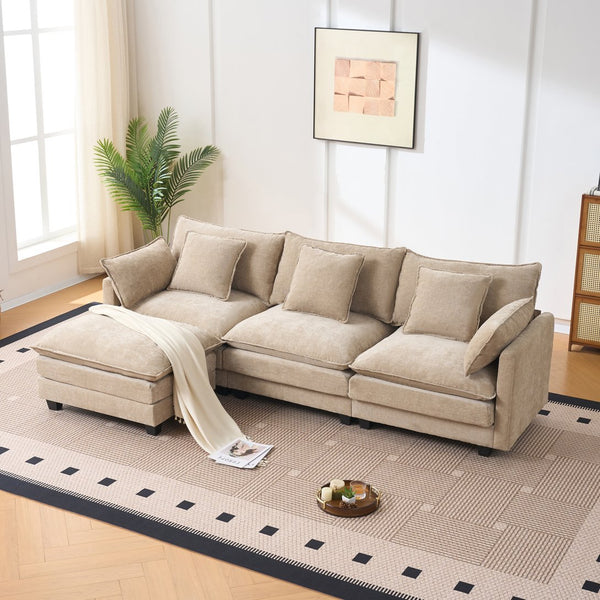 English Elm Beige Chenille Sectional Sofa with Modular Ottoman for Living Room or Studio Coffee W2603S00002