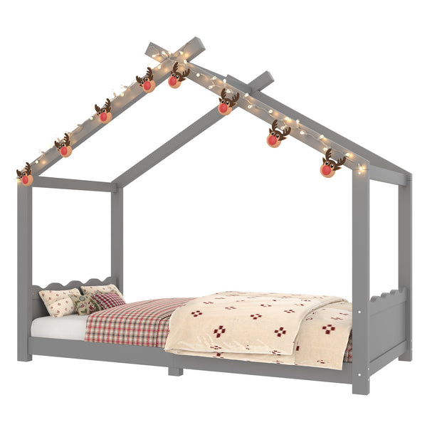 English Elm Twin House Frame Floor Bed Solid Pine Kids Room Montessori Low Profile Play Nook Gray W1580P387838
