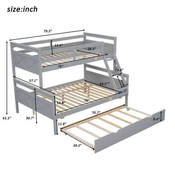 English Elm Twin Pine-over-Full Bunk Bed with Attached Ladder, Trundle & Full-Length Guardrail for Space-Saving Rooms Gray SM000208AAE-1