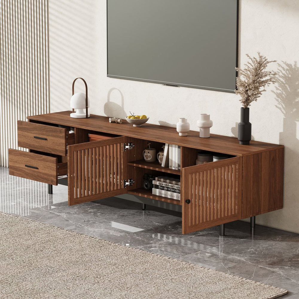 English Elm 78 Inch Walnut Media Console with Slatted Doors Solid Wood Legs and Cable Management N710P374705P