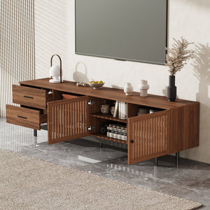 English Elm 78 Inch Walnut Media Console with Slatted Doors Solid Wood Legs and Cable Management N710P374705P