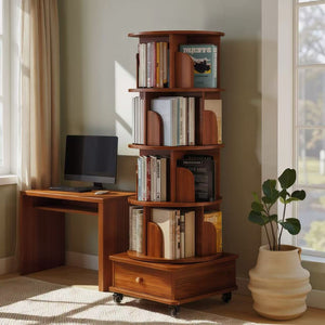 English Elm Rotating 5-Tier Corner Bookshelf With Drawer - 360° Swivel Space-Saving Rack For Modern Living Spaces W2641P329214-GIGA