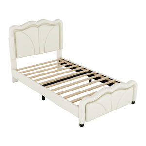 English Elm Twin Upholstered Platform Bed with Curved Headboard, Adjustable Heights, Sturdy Pine Frame, LED Accent Lights White WF323748AAK
