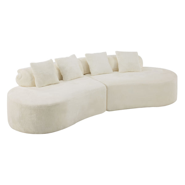 English Elm white plush curved multi-seater sofa with pillows — Nordic skin-friendly fabric, space-saving design W3612S00008