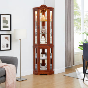 English Elm Corner Curio Display Cabinet with Mirrored Back, Interior Lighting, Adjustable Glass Shelves, Elegant Finish Walnut W1693P171662