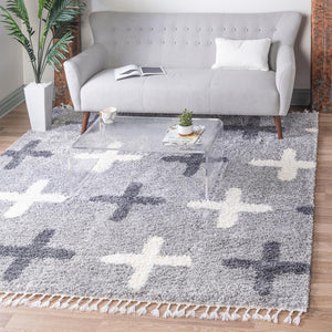 Unique Loom Hygge Shag Positive Machine Made Geometric Rug Light Gray, Gray/Ivory 8' 0" x 8' 0"