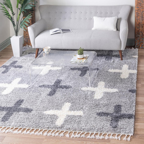 Unique Loom Hygge Shag Positive Machine Made Geometric Rug Light Gray, Gray/Ivory 8' 0" x 8' 0"