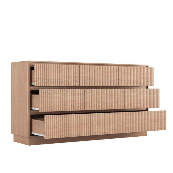 English Elm 9 Drawer Matte Wood Dresser with Wave Front Mid Century Modern Low Profile Storage Natural W409P387580