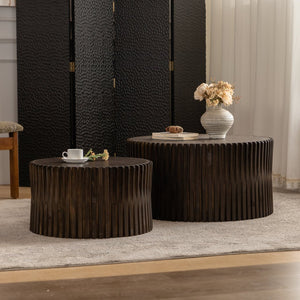 English Elm Vintage Cylindrical Nesting Coffee Table Set, Textured Embossed Wood Accent Tables for Living Room Dark Brown W757P195739
