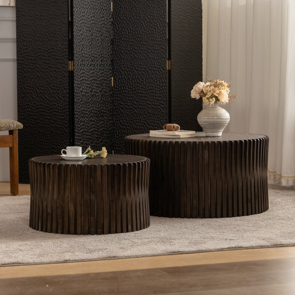 English Elm Vintage Cylindrical Nesting Coffee Table Set, Textured Embossed Wood Accent Tables for Living Room Dark Brown W757P195739