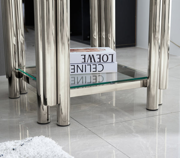 English Elm 20 Inch Square End Table, Modern Silver Stainless Steel & Glass Design With Storage For Home & Office W2978S00008