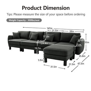 English Elm Boucle Fabric L-Shaped Sectional Sofa For 4 With Shell-Shaped Armrests & Removable Ottoman, Dark Grey W3041S00304
