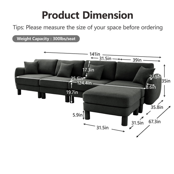 English Elm Boucle Fabric L-Shaped Sectional Sofa For 4 With Shell-Shaped Armrests & Removable Ottoman, Dark Grey W3041S00304